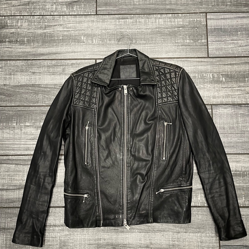 Allsaints Mens Rowley Sheep Leather Jacket Size M Black Biker Textured Moto.